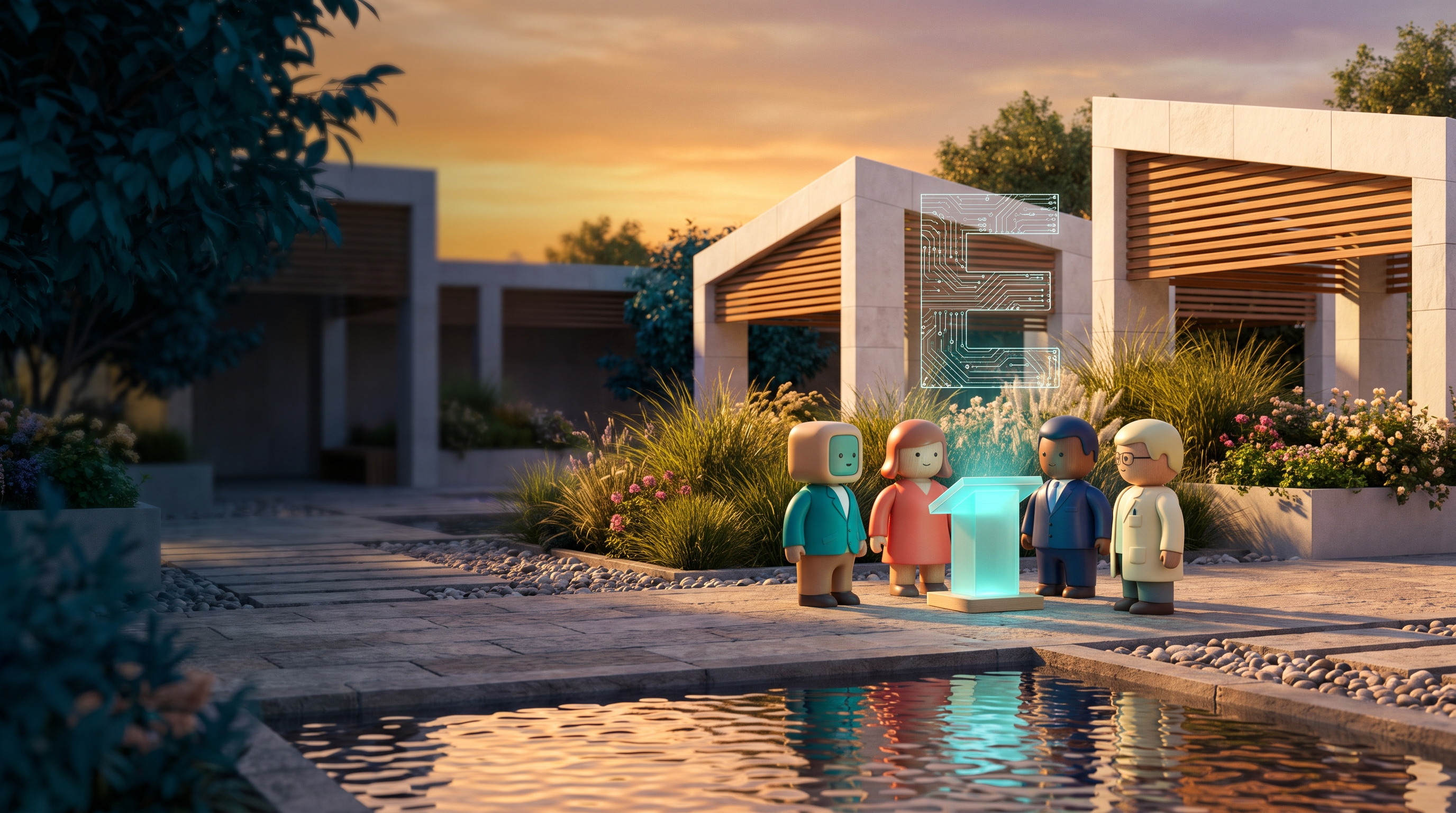 Promotional artwork of small toy characters meeting in a campus garden with reflecting water